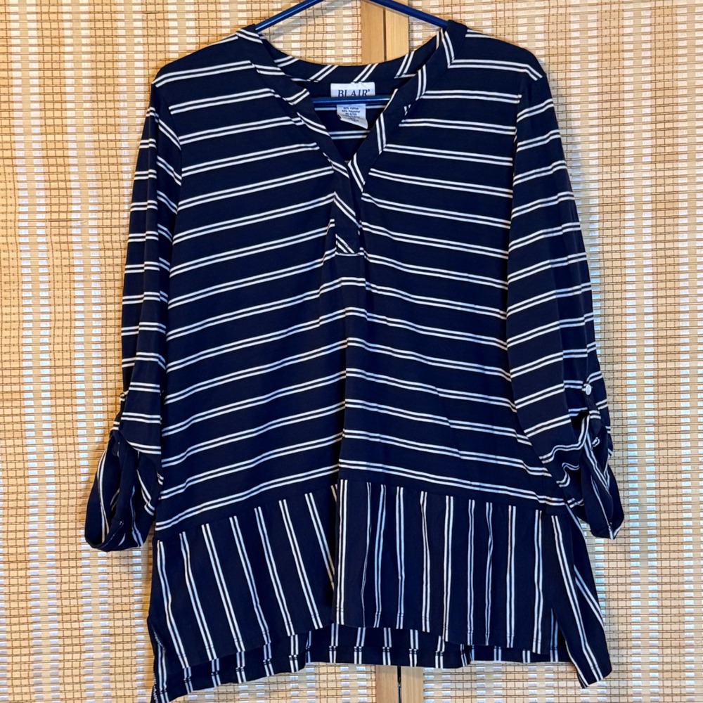 Blair Navy White Striped Roll Tab Sleeve Tunic Top 2XL Mixed Stripe Peplum Hem